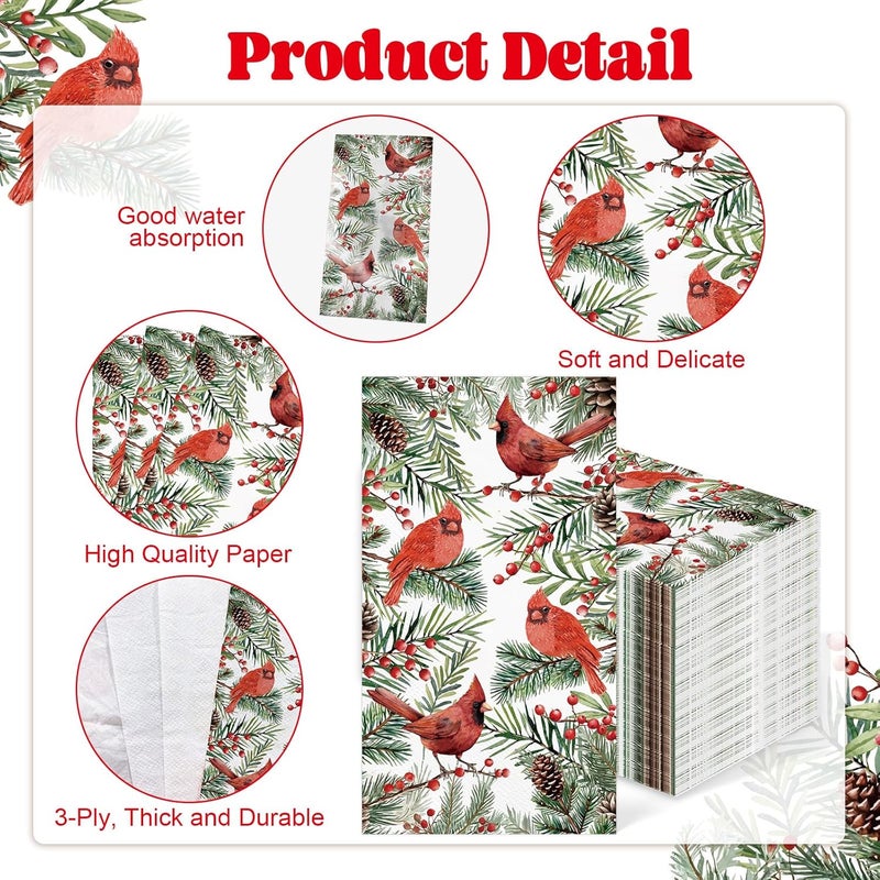 IANFEPH 100 Pcs Christmas Napkin 3 Ply Disposable Bathroom Guest Hand Towels Xmas Vintage Bird Pine Decorative Dinner Napkins for Winter Holiday Kitchen Wedding Birthday Party - Image 3